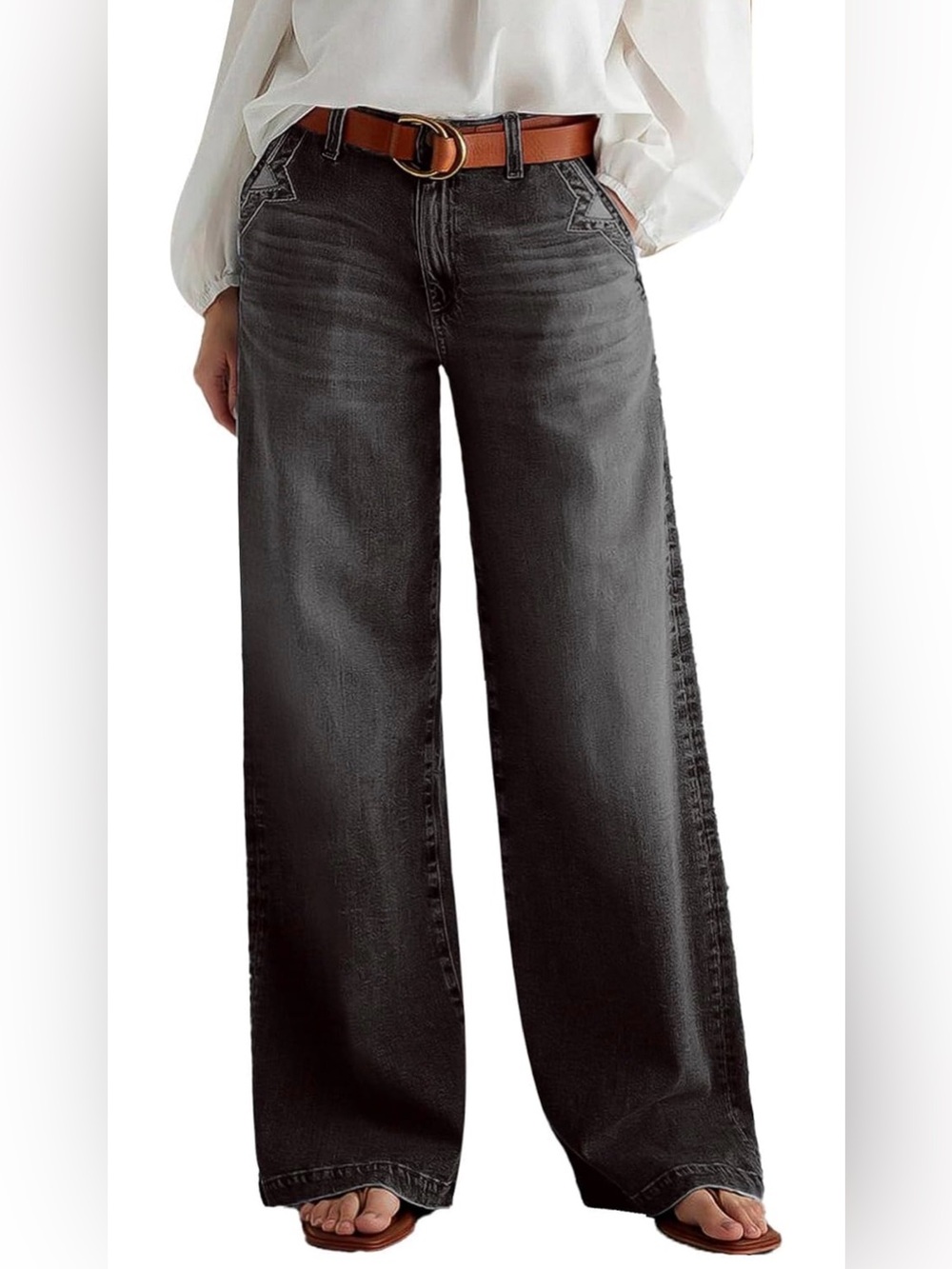 Flamingals Wide Leg Mid Waist Baggy Stitch Decor Denim Jeans 2XL PS3-10
